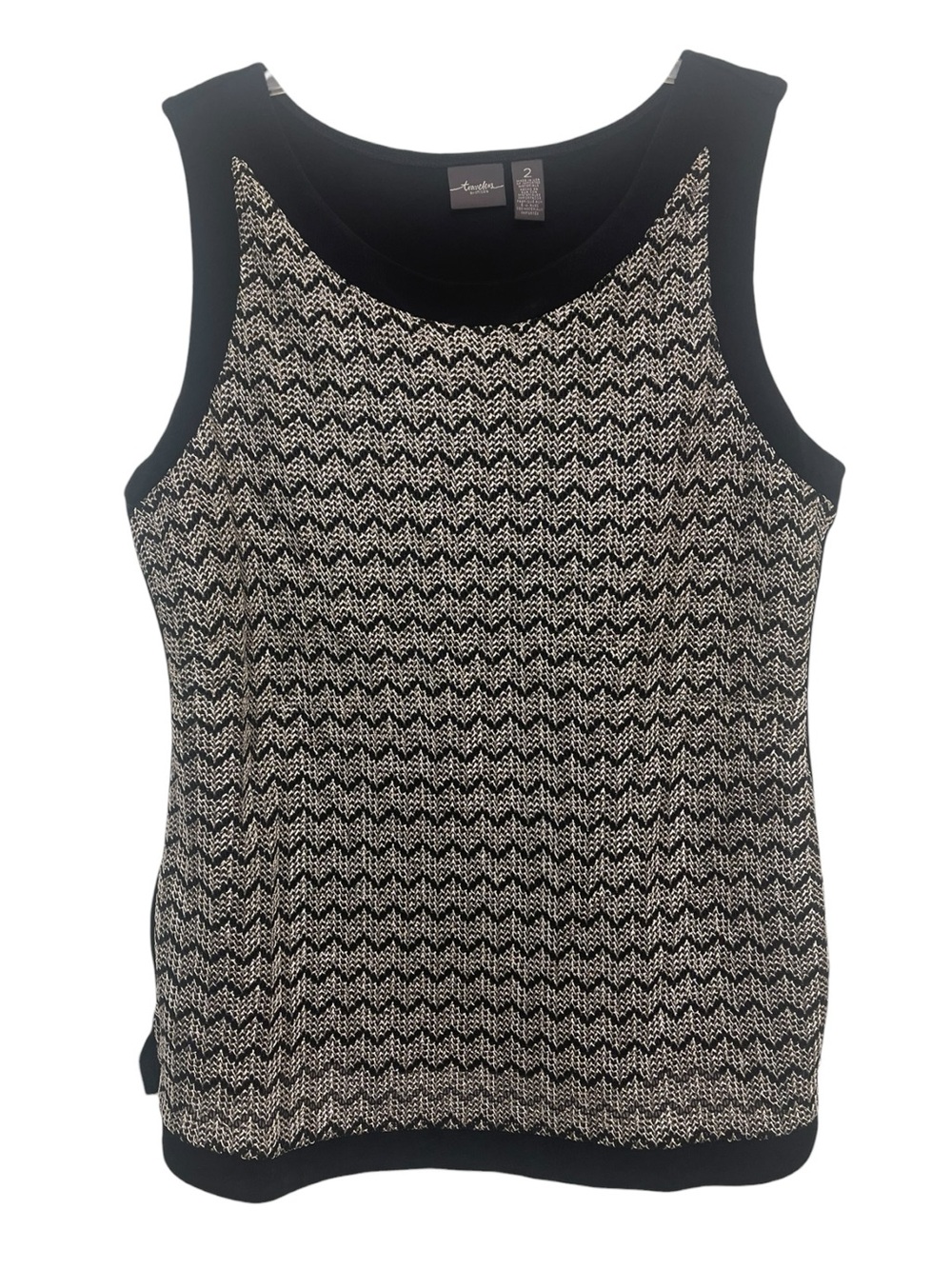 Travelers by CHICOS Black and Cream Knit Tank Top Metalic Gold Neutrals Sz 2/Med